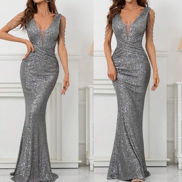 Luxe mermaid hem party formal evening sequins dress
